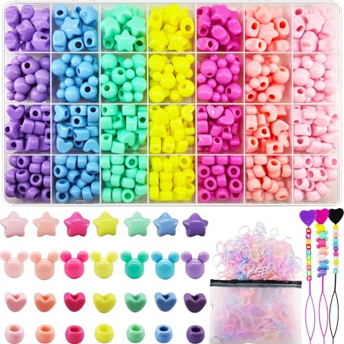 Image of 1451 Pcs Hair Beads Kit - Candy Color Acrylic Mickey Heart Star Pastel Pony Kandi Beads for Braids & Jewelry Making