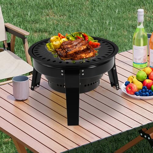 Barbacoa plegable portátil pequeña de carbón vegetal de acero al carbono, para camping y barbacoa, mini barbacoa con red de barbacoa y sartén coreana