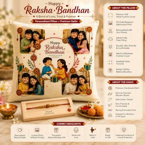 Image of Personalized Photo Pillow 12x12 Inch Cushion with Cover & Filler - Custom Gift for Birthday, Anniversary, Couple, Girlfriend, Boyfriend, Husband, Wife, Friends. (RakhiPilow-04)