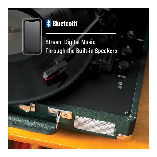 Image of Crosley CR8005F-EM Cruiser Plus Record Player, Dark Emerald | 3-Speed Turntable, Bluetooth In / Out, Built-in Stereo Speakers, Isolated Internal Speakers Minimize Vibration
