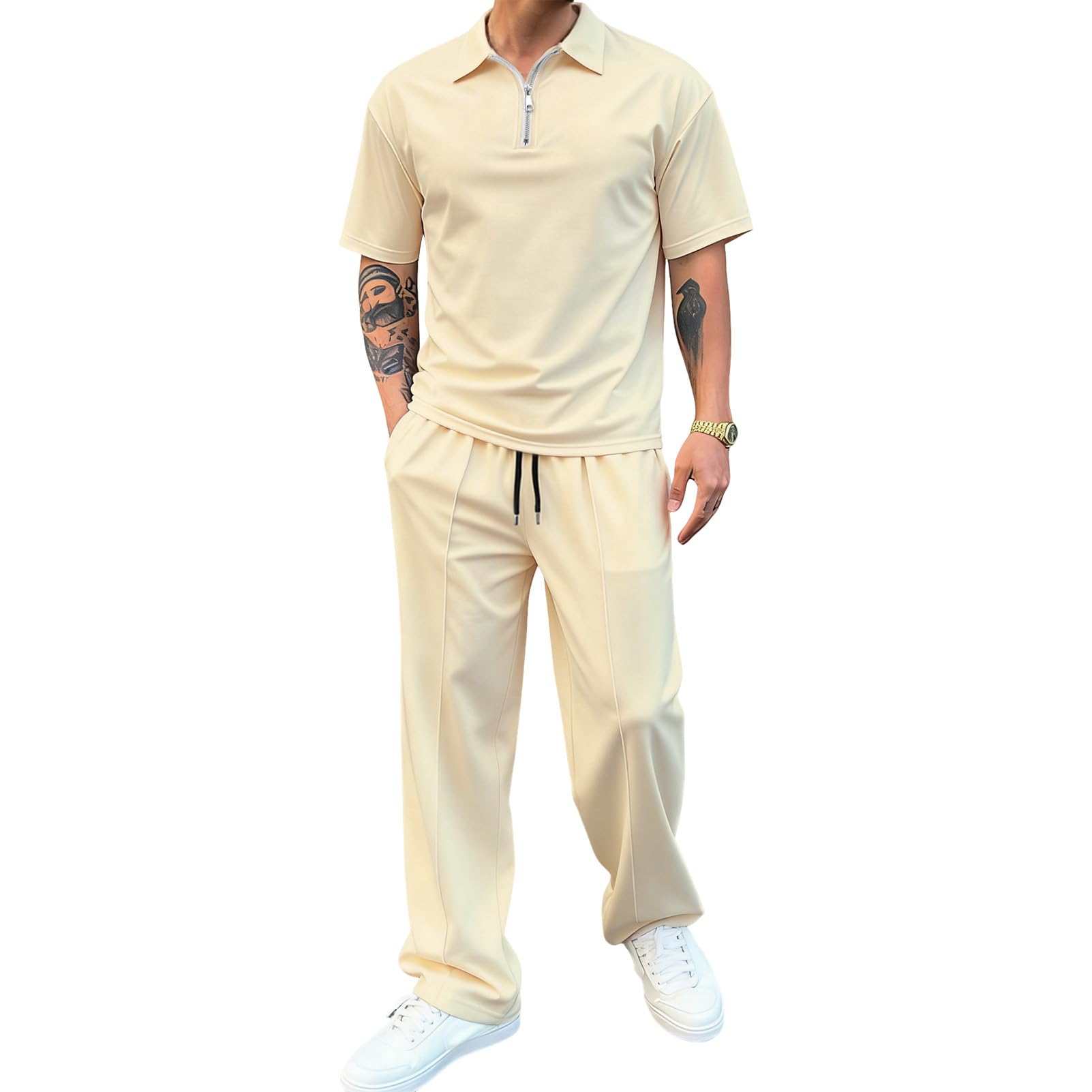 amropi Estiva Sportiva Tuta Uomo Maniche Corte Maglietta con 1/4 Cerniera e Pantaloni da Jogging 2 Pezzi Set