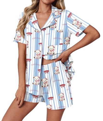 Image of Ekouaer Pajamas Set for Women 2 Piece Pjs Short Sleeve Sleepwear Button Down Lounge Shorts Sets S-XXL