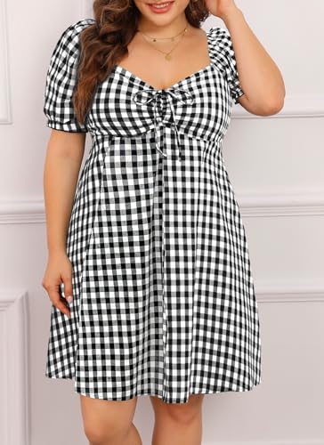 Image of Pinup Fashion Women Plus Size Casual Puff Sleeve Summer Sundress Smocked Short A Line Babydoll Cute Mini Dresses