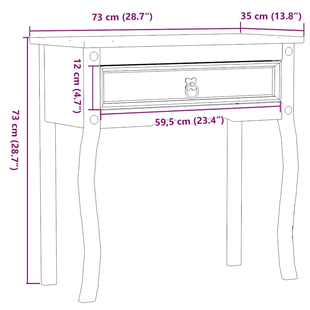 Tavolo consolle Corona in legno di pino massiccio con manico in metallo, 73 x 35 x 73 cm, tavolino sottile con cassetto, spazio per soggiorno, corridoio, ufficio e camera da letto
