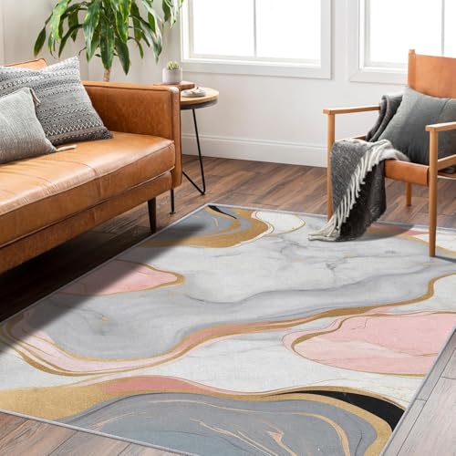 UUZEAI Alfombra de Lujo de mármol Gris y Rosa para Dormitorio y Sala de Estar, Moderna Alfombra de Arte Abstracto, Lavable, Antideslizante, Fina, para Cocina y baño, 160x220cm