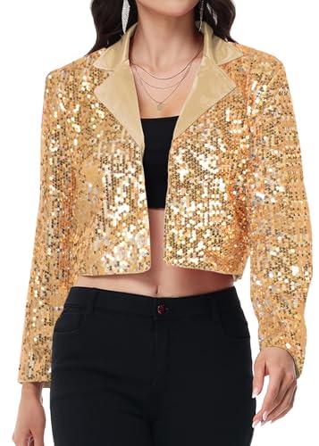 Anna-Kaci Women's Sparkly Crop Sequin Blazer Jacket Long Sleeve Party Club Cardigan Out, Black and Silver, Large