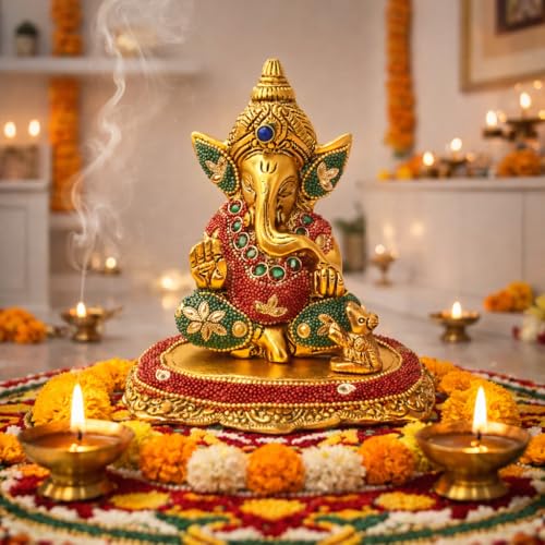Image of Kalakriti Metal Ganpati Idol with Mouse, 6 Inch Gold Finish Lord Ganesha Statue for Home Decor |Temple Office Hostel Desk, Hindu God Ganesh Vinayaka Decorative Showpiece for Living Room, Chua Ganesh