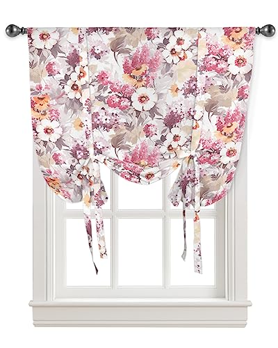 Yukro Tie Up Curtains Window Shades, Spring Pink Flower Floral Watercolor Painting Rod Pocket Tie Up Window Shade, Adjustable Balloon Curtain Shade for Blinds Kitchen Bathroom, 1 Panel, 42