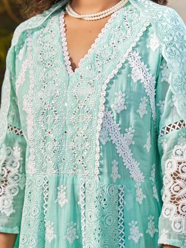 Image of INDO ERA Women's Anarkali Pure Cotton Ethnic Motifs Embroidered Kurta & Pant with Dupatta Set (IEOUT10183)