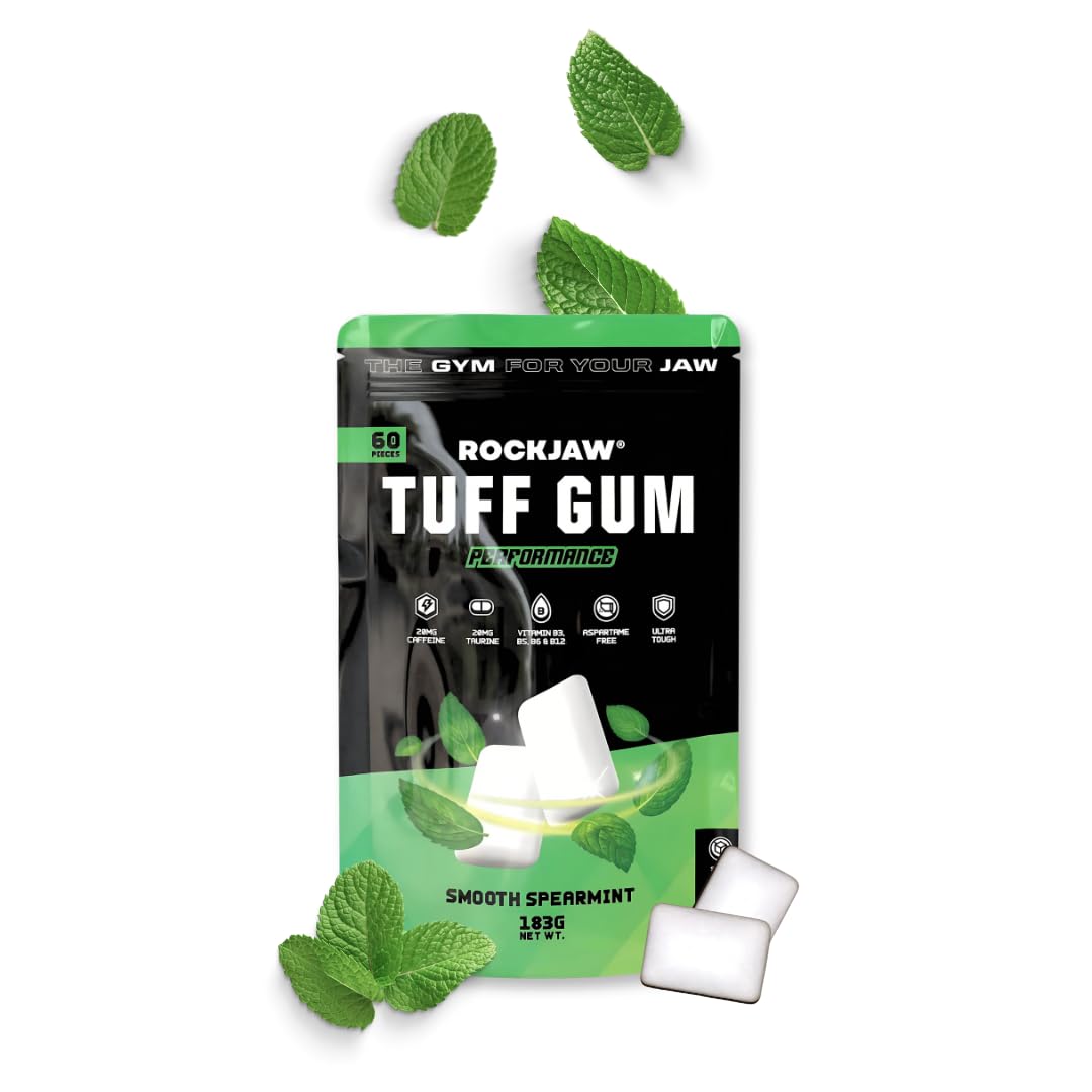 ROCKJAW® Tuff Gum Performance | Gomma da masticare per l'allenamento della mascella | 40mg di caffeina | 40mg di taurina | Vitamine del gruppo B | Senza aspartame, senza zucchero | 1350mg di xilitolo