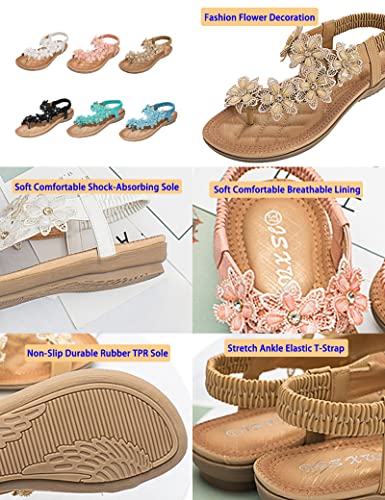 Keilinia Women's Thong Flat Sandals,Summer Flower Rhinestones Comfy Boho Slingback Ankle Elastic T-Strap Walking Beach Flip Flops2