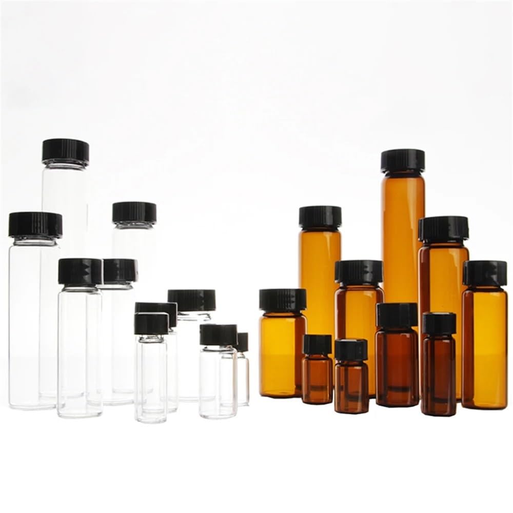 Cristalería de Laboratorio Lote de 20 unidades de 3 ml, 5 ml, 10 ml, 15 ml, 20 ml, 30 ml, 40 ml y 50 ml (transparente/marrón), frasco de reactivo con tapa de plástico y tapón de rosca.(20ml clear)
