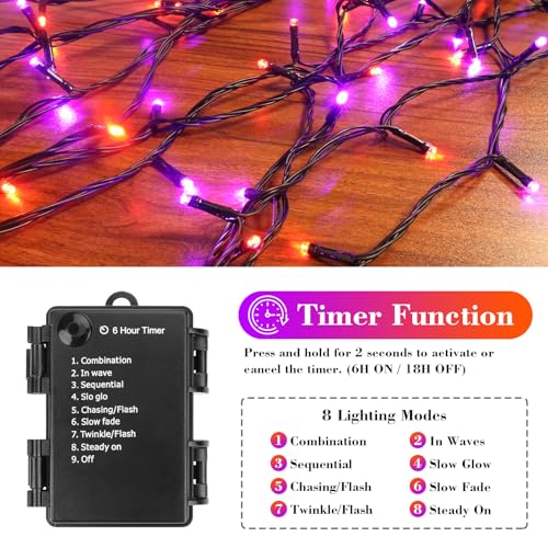 FairyGlim Purple&Orange Halloween Lights, 33FT 100 LED Outdoor String Light with Timer & 8 Modes, 3AA Battery Operated Waterproof String Light for Outdoor and Indoor Halloween Decor - image 3