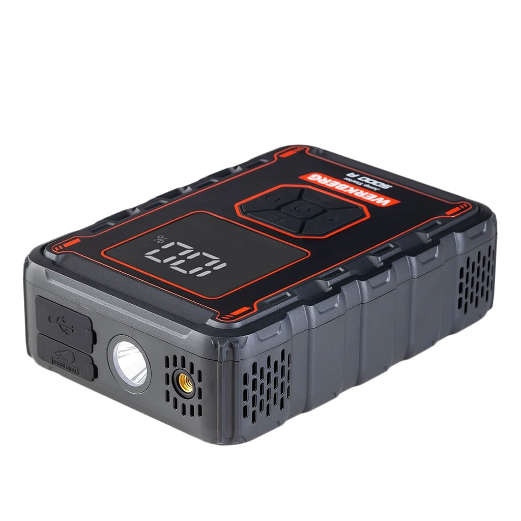 AL008 jump starter 12 V 5000A 32000 mAh z kompresorem | Kompresor 150 PSI, powerbank USB-C 18W, booster do auta, kompaktowe wymiary 188x134x56 mm