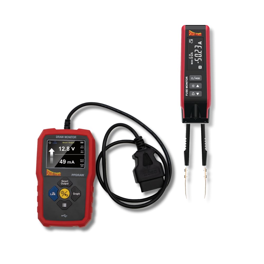 Power Probe PPDRAW e PPFUSE Kit Diagnosi Assorbimento Parassita, Monitor Tensione e Corrente Batteria con Tester Fusibili, Connessione OBDII e Strumenti Ricaricabili USB-C