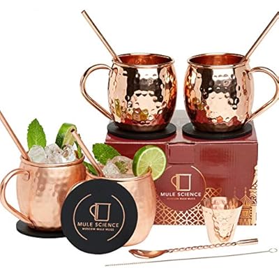 Mule Science Moscow Mule Copper Mugs - Set of 4 - Pure Solid Copper Mugs 16 oz with BONUS: Copper Cups with Cocktail Copper Straws, Stirring Spoon, Cleaning brush, Coasters and Shot Glass!