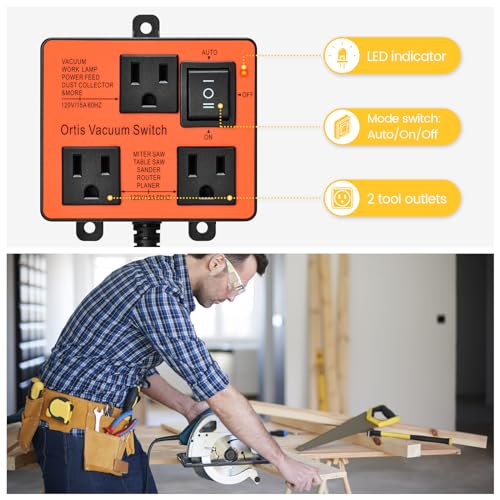 Image of Automatic Vacuum Switch, Ortis Vacuum Switch for More Power Tools, Delay Vacuum On /Off to Prevent Circuit Overload and Tripping, Keep Your Workplace Cleaner, Better for Your Lung