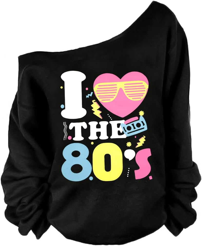 Women 80s Shirts 1980S Womens Disco Themed Graphic Outfits 80's Off The Shoulder Party Tops Oversized Long Sleeve Tee