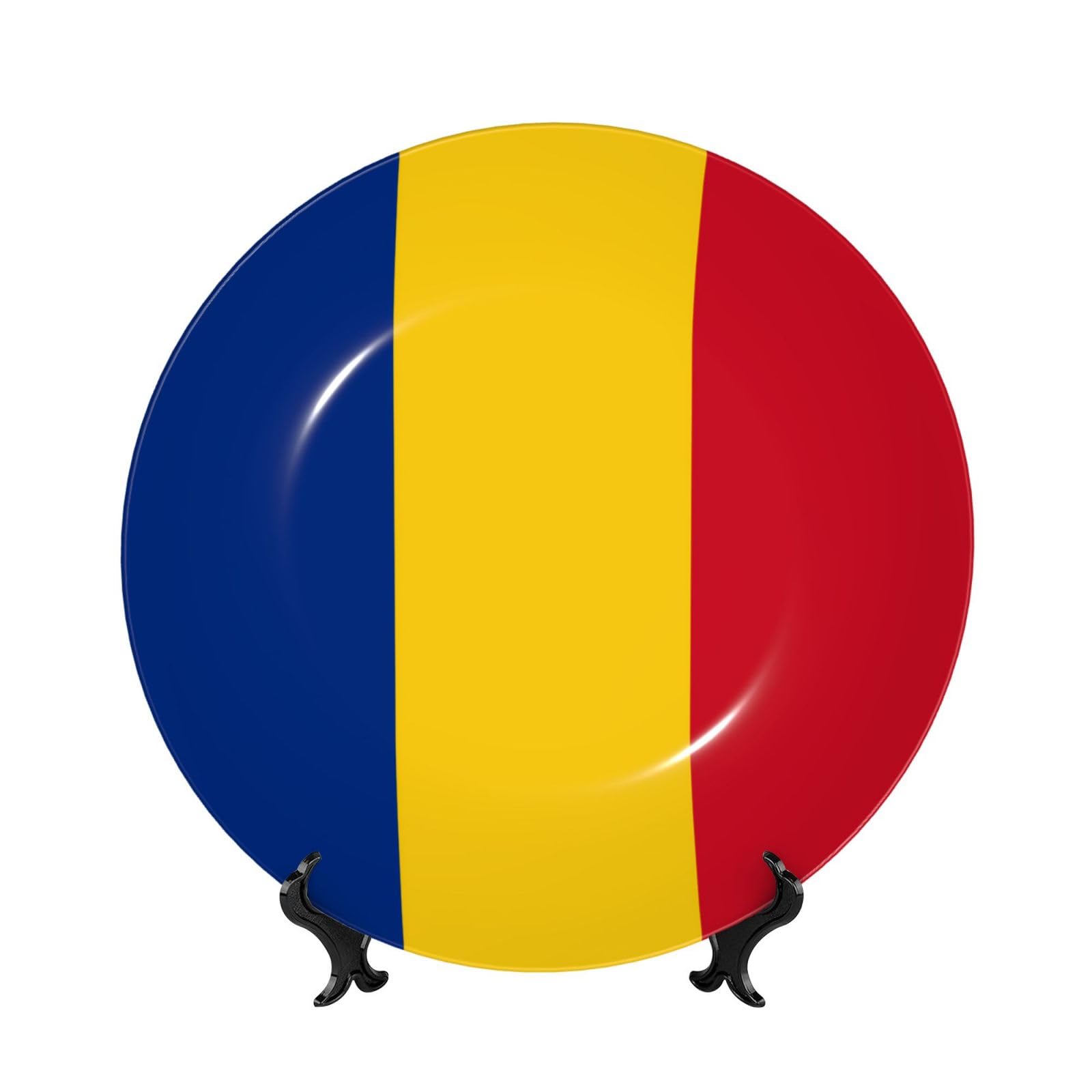 SXZVVBN Flag of Romania Bone China Decorative Plate Art with Stand Removable Adhesive Hanging for Home Office 6in（15cm）