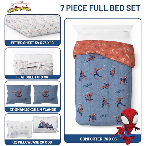 Image of Marvel Spiderman Full Comforter Set 7 Piece Bedding for Boys, Blue | Bed in a Bag, Comforter Sheets Shams Pillowcases, Official Product, Soft Microfiber, Machine Washable, Boys Gift
