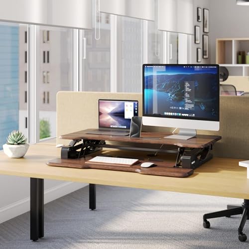 Image of Mount-It! Large 38 Inch Standing Desk Converter, Sit Stand Desk Riser for Dual Monitors with Keyboard Tray, Height Adjustable Desktop Workstation, Easy Lift Gas Spring, Rustic Walnut Brown