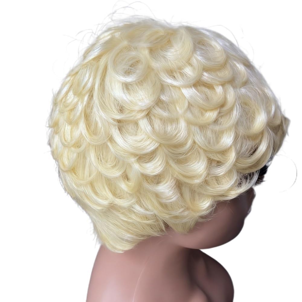 xiuling4568 Pixie Cut Curly Wigs for Black Women Human Hair Glueless Short Layered Wigs With Bangs for Daily Use Hairs Extensions(Blonde)