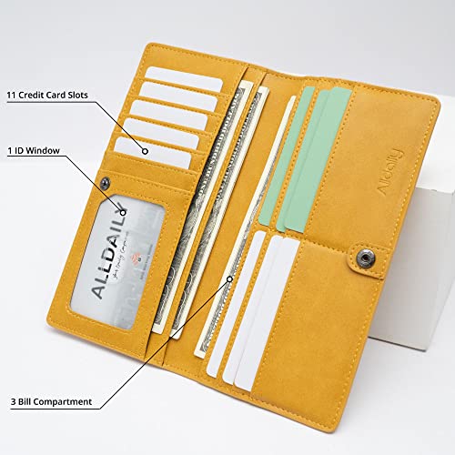 Image of Alldaily Ultra Slim Thin Women Wallet RFID Blocking Credit Card Holder Bifold Long Ladies Billfold (Yellow)