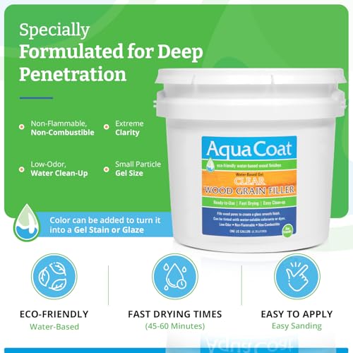 Image of Aqua Coat Water-Based Clear Wood Grain Filler Gel, Fast-Drying, Low Odor, Low VOC, Sandable, Stainable & Paintable, Easy Water Cleanup, Glossy Finish, 128 oz