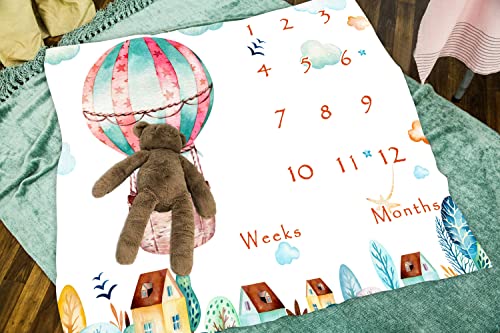 Image of Baby Monthly Milestone Blanket, City Cartoon Hot Air Balloon Baby Growth Chart Memory Blanket, 48x40 Inch Newborn Swaddle Blanket Nurse Receiving Blanket BTMLLY74
