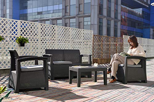 ガーデンソファー ラタン調 屋外 ガーデンテーブルセット 3点セット 防水 ラタン調 ガーデンチェアー 高級ソファー 軽量ガーデンファニチャー 屋外家具 組立簡単 コンパクト 耐荷重150KG (本体グレー ×クッショグレー) 9枚目