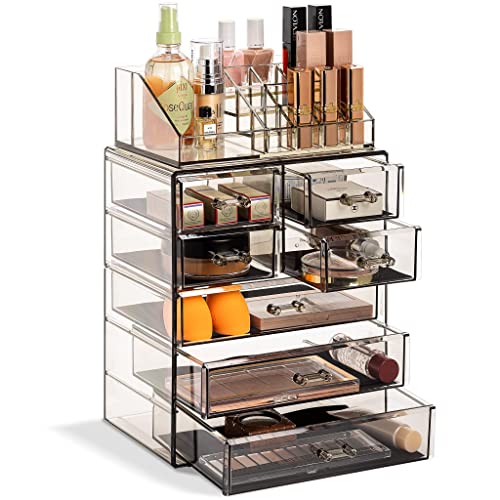 Sorbus Acrylic Makeup Organizer Set, 7-Drawer Vanity & Countertop Cosmetic Storage with Small & Wide Compartments, Black-Tint Makeup Storage for Brushes, Jewelry – Holiday Gift for Women & Teens