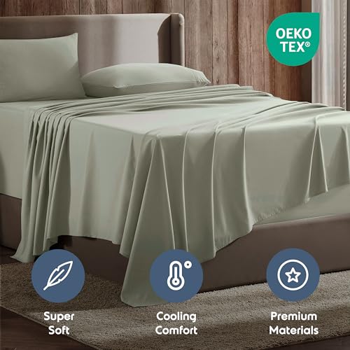 Image of Nestl Split King Bed Sheet Set - Light Green - 5-Piece Deep Pocket | Instantly Soft, Night-One Ready (No Wash Required). Fits 16-Inch Deep Pockets, 360-Degree Elastic Grip