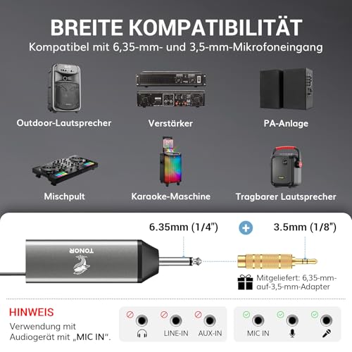 TONOR Mikrofon Kabellos, Wiederaufladbares Funkmikrofon Set, Metall, UHF, 2x20 Einstellbare Wireless Microphone für Kirche, Party, Hochzei, Hochzeit mit Einstellbarer Lautstärke, 80m, TW520