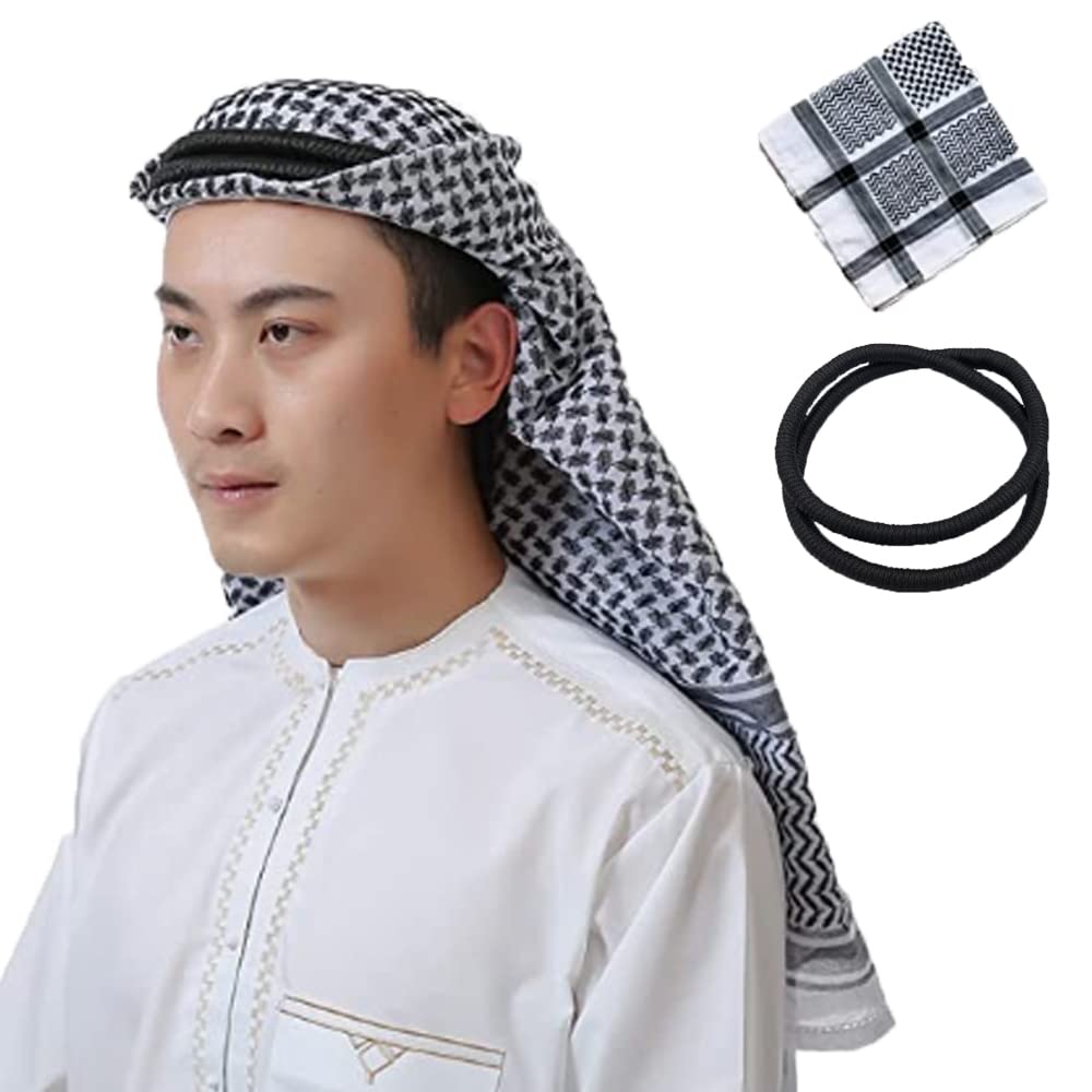 Dzozo Men's A-Black+White Arab Shemagh Scarf Keffiyeh Headscarf Middle East Headware Hijiab Headband Muslim Hand Cover Arabia Scarves Hijab Headband Desert Shawl Arabic Scarf Head Cover Cap