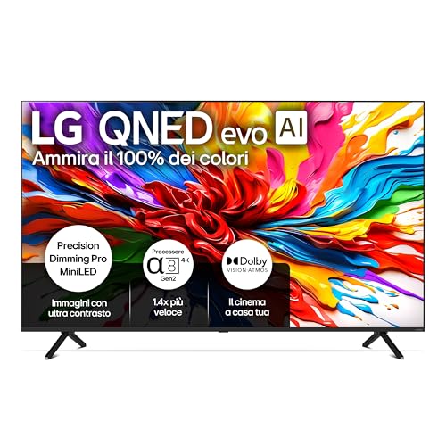 LG QNED evo AI QNED92 Smart TV 85 pollici 4K, Processore α8 Gen2, Precision Dimming Pro con MiniLED, webOS con AI, Dolby Vision e Atmos, Gaming con VRR e FreeSync 4K@144Hz, 85QNED92A6A 2025