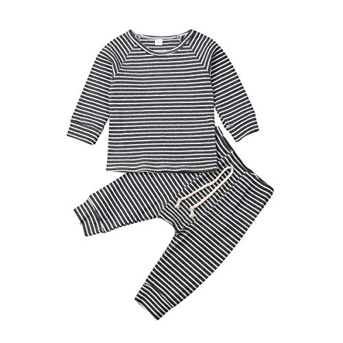 Baby Boys Girls Organic Cotton Fall Winter Clothes Tee and Pants 2-Piece Pajama Set Solid Color Sleeper Outfit (#3 Grey Stripe, 0-6 Months)