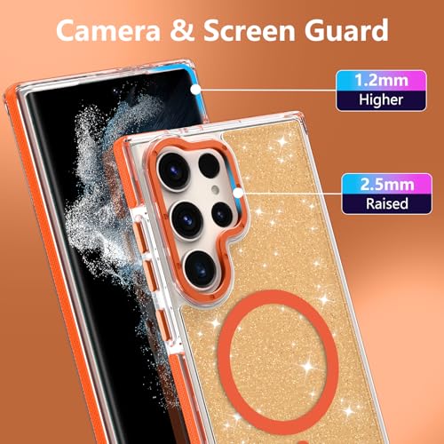 Image of Magnetic Case for Samsung Galaxy S22 Ultra [Compatible with Magsafe] [Bling Glitter Fluorescent Design] [1 Screen Protector] Slim Translucent Matte Case for Galaxy S22 Ultra 6.8 inch, Orange