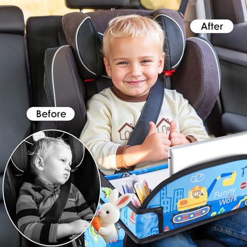 Image of Kids Travel Tray, Kids Travel Trays for Car Seat, Road Trip Essentials for Toddler, Carseat Lap Tray with Dry Erase Board & Storage Organizer for Road Trip Activities for Kid, Light Blue