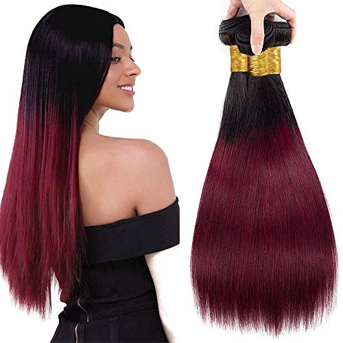 Ombre Hair Bundles 1B/99J Tow Tone Human Hair Bundle Brazilian Burgundy Straight Hair Bundles Red Hair Extensions 10A Grade Hair Weave 20 22 24 inch