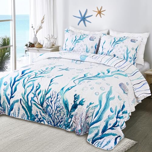 Invoibler Coastal Quilt Queen Size Beach Quilt Bedding Set 3 Piece Reversible Summer Ocean Bedspread Coverlet Soft Lightweight Microfiber Bed Cover for All Season (1 Quilt, 2 Pillow Shams) - Image 2