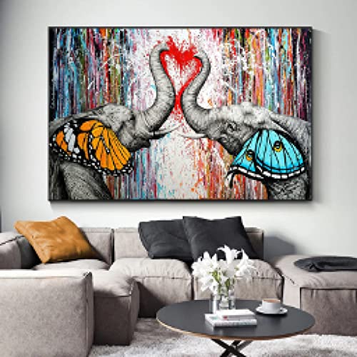Peinture sur toile éléphant papillon cœur graffiti mural 60x80