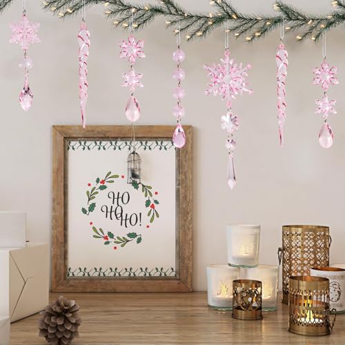 Image of 20pcs Crystal Christmas Ornaments for Christmas Tree Decorations-Light Pink Hanging Acrylic Snowflake and Icicle Ornaments with Drop Pendants for New Year Party Decorations Supplies