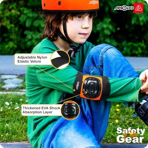 Image of APRODO Kids Protective Gear Set for Roller Skating, Skateboarding & Cycling |for Kids 5 to 12 Years (Neon Orange) | Knee and Elbow Pads Wrist Guards Set for Skating, Skateboard & Cycling