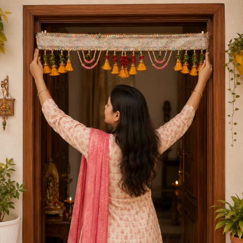 Image of ONESTA Traditional Handmade Door Toran for Main Door | Decorative Bandarwal with Pearl Beads Floral Embroidery & Tassels | Festive Door Hanging for Diwali Navratri Wedding Housewarming & Home Decor 3 Feet (Size 36 Inch Pack 01)