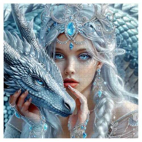 PICKFORU Puzzle de 1000 Piezas Snow Realm Guardian para Adultos, Rompecabezas de Fantasía con Mujer Dragón, Escena Mítica como Decoración para el Hogar