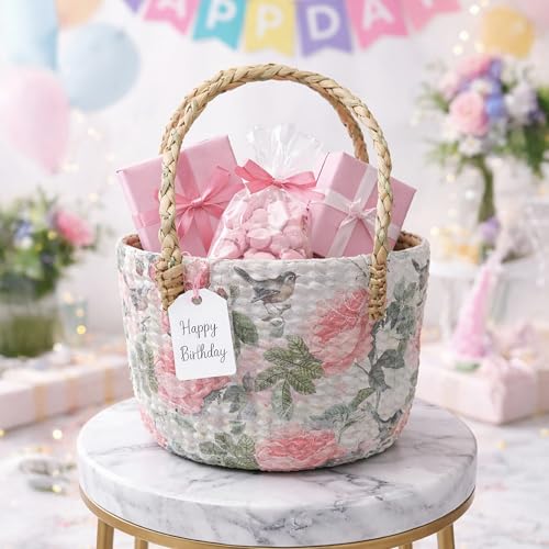 Image of Habere India-All the Cultures Fabricating India Gift Hamper Baskets | Cane Round Hamper | Fruit Baskets | Organiser Basket | Baby Basket for Clothes (Design21: L22 x W22 x H15 cm)