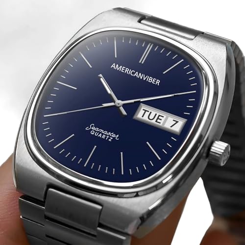 Image of AMERICANVIBER Men's Stainless Steel Classic Analog Watch, Casual & Business, with Cushion Case Dial and Day-Date Display