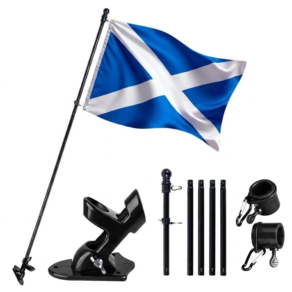 Scotland Flag and Pole 5ft x 3ft, Large Scottish Flag with Brass Grommets, Durable Saltire Banner for Parade, Garden, Home & Patriotic Events (Flags + 5FT Black FlagPole + Mounting Bracket)
