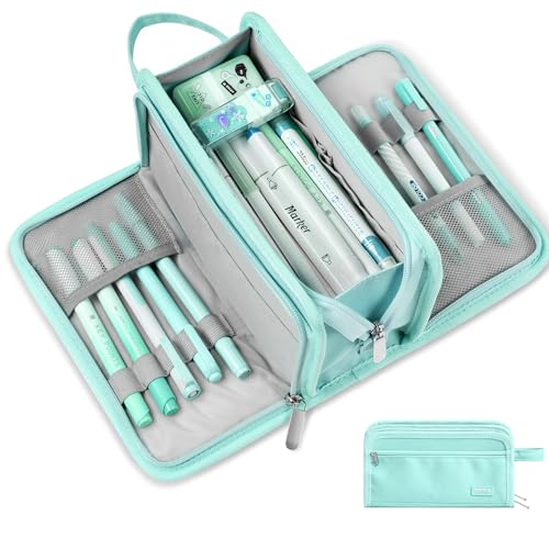Image of Sooez Large Pencil Case, Big Capacity Pencil Pouch Pen Bag with 3 Compartment, Portable Canvas Stationery Organizer with Zipper, Cute Aesthetic School Supplies for Teen Girls, Celadon