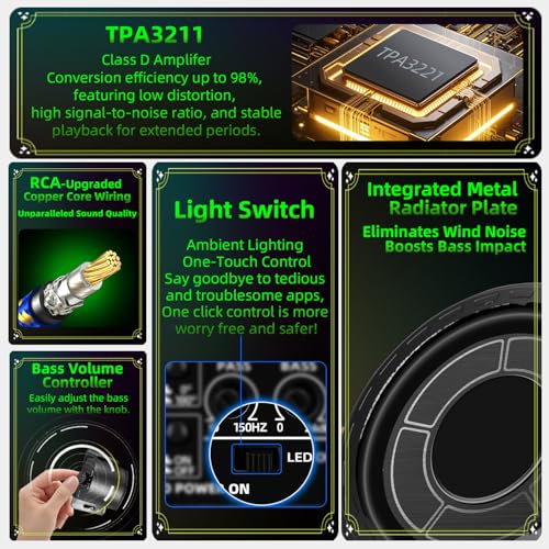 Image of 1600W Car Subwoofer, 10 inch Ultra-Thin Powered Under-Seat Subs with Built-in Amplifier, (LPF /Gain /Bass Boost) LED Ambient Lights, Independent Bass Knob, Distortion-Free Deep Bass for Most Vehicles